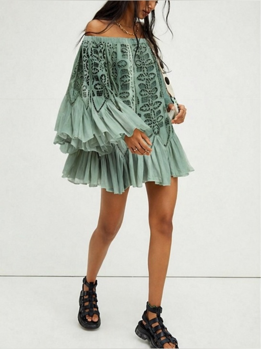 Free People Daisy Cutwork Mini Dress Guacamole S Festival Party Boho Crochet - Picture 2 of 12